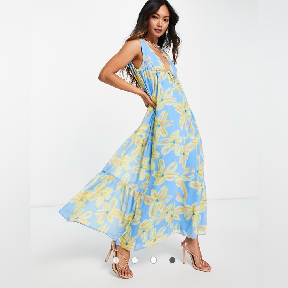 ASOS blue floral sleeveless trapeze maxi dress with tie detail